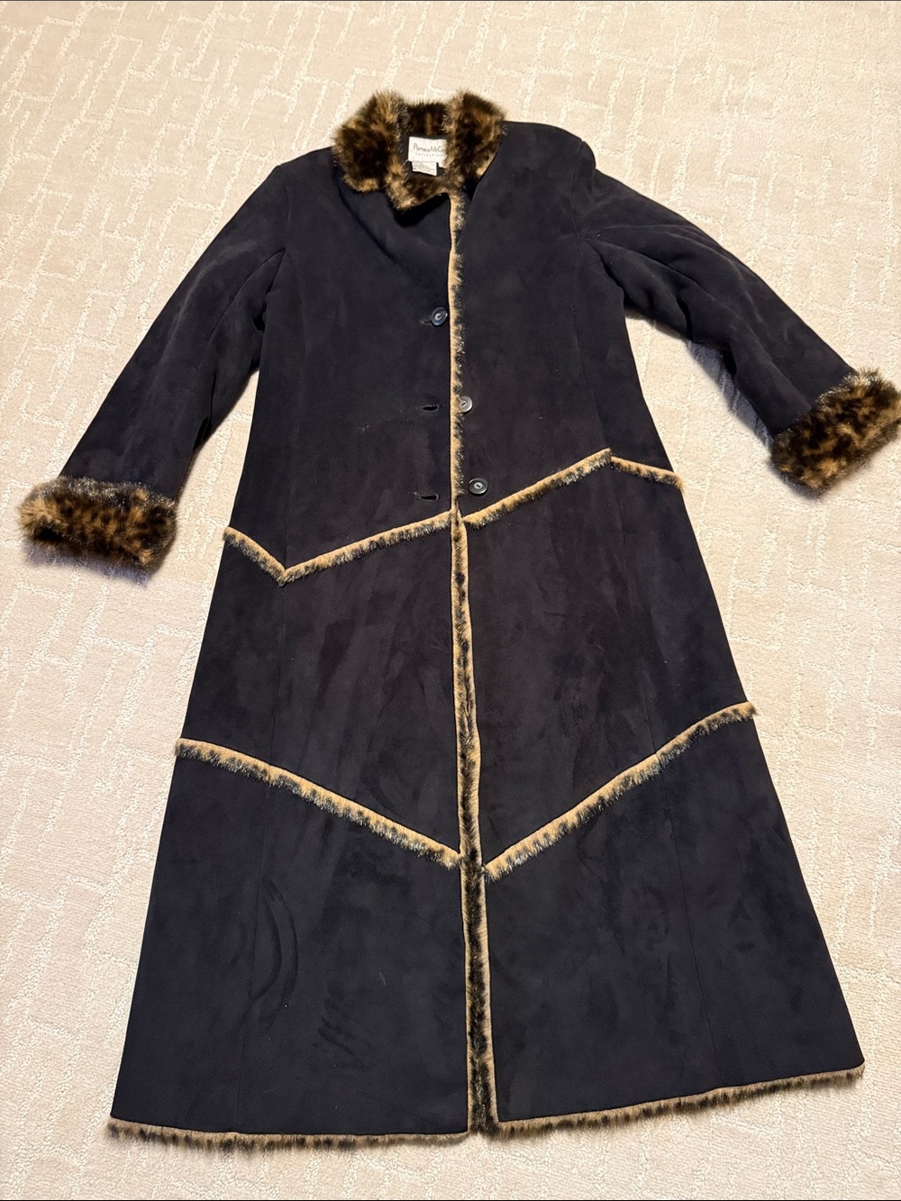 Pamela McCoy Black Long Coat with Brown Faux-Fur Trim